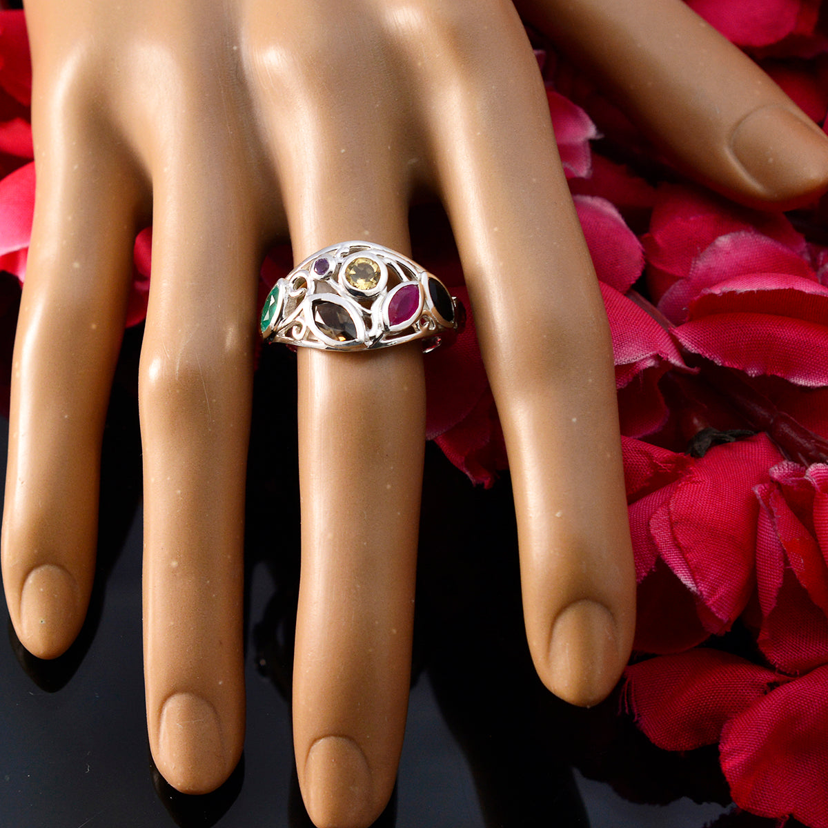 Multi Stone multiple French 925 Sterling Silver multicolor Gemstones Minimal Cocktail Ring Jewelry