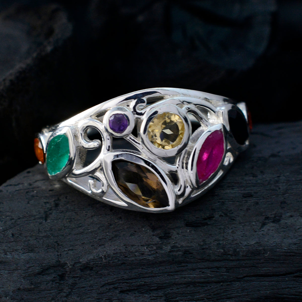 Multi Stone multiple French 925 Sterling Silver multicolor Gemstones Minimal Cocktail Ring Jewelry