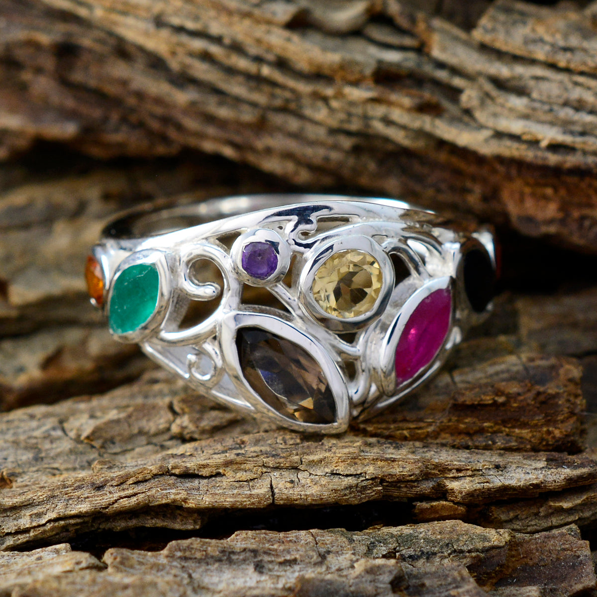 Multi Stone multiple French 925 Sterling Silver multicolor Gemstones Minimal Cocktail Ring Jewelry