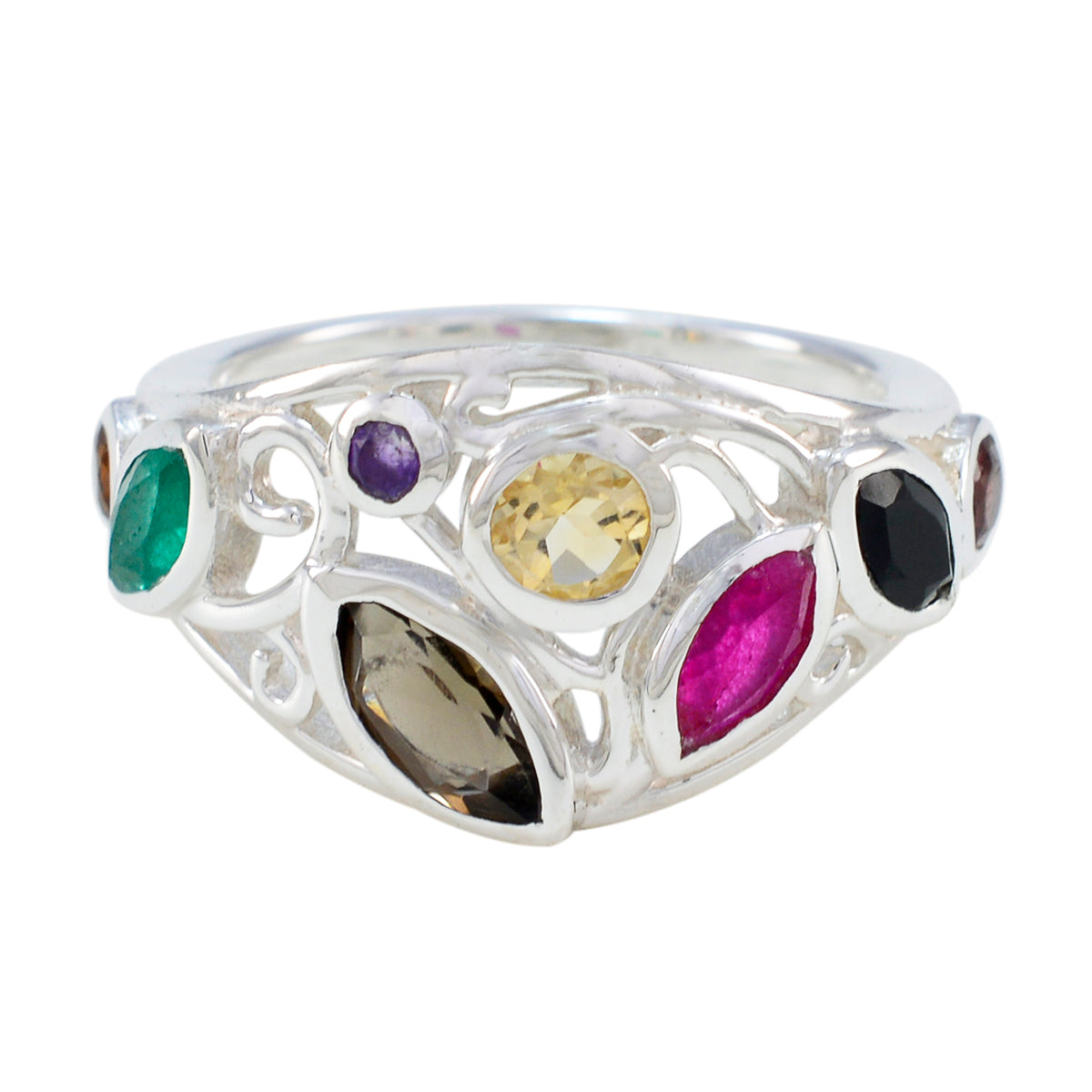 Multi Stone multiple French 925 Sterling Silver multicolor Gemstones Minimal Cocktail Ring Jewelry Главное изображение товара