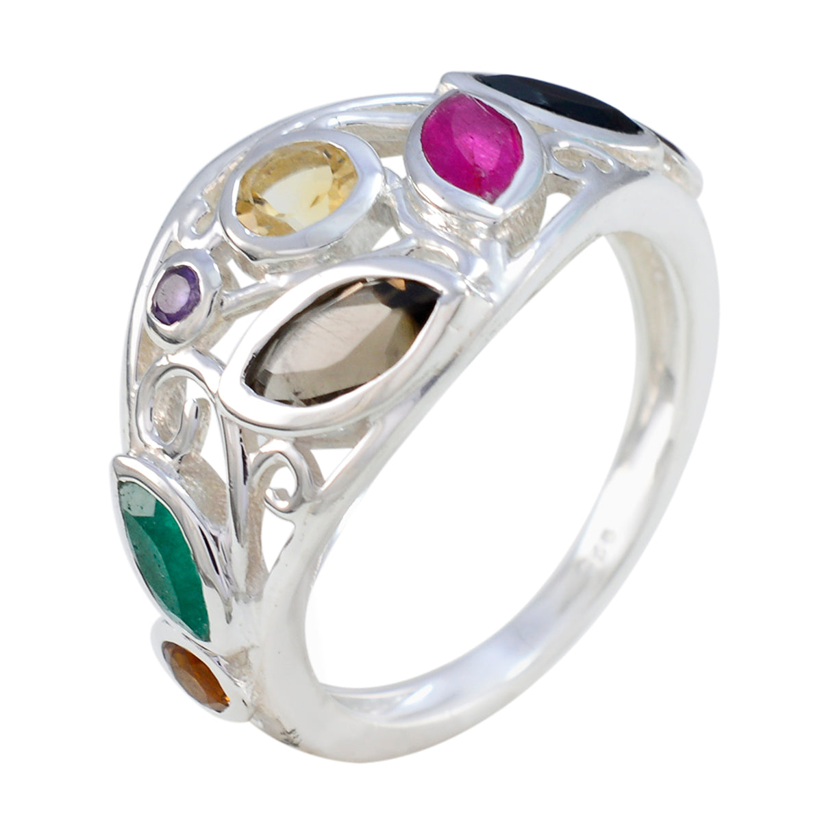 Multi Stone multiple French 925 Sterling Silver multicolor Gemstones Minimal Cocktail Ring Jewelry