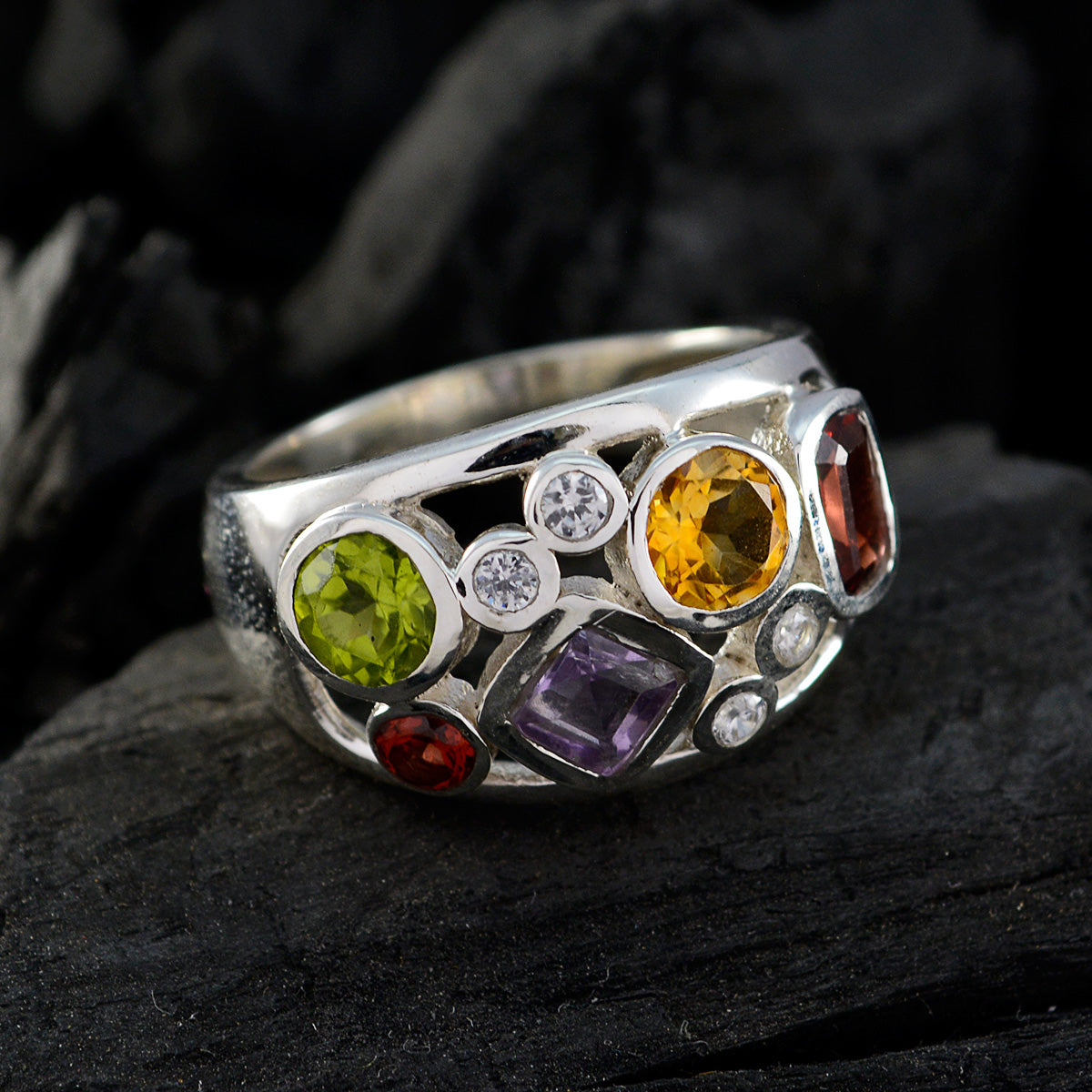 Multi Stone quarter Moroccan Sterling Silver multicolor Gems Eye catching Trendy Ring Jewellery