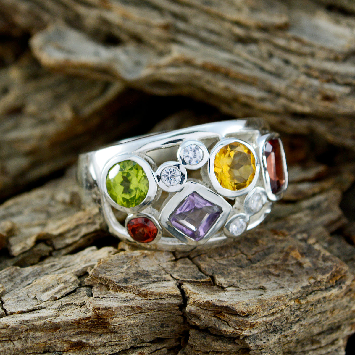 Multi Stone quarter Moroccan Sterling Silver multicolor Gems Eye catching Trendy Ring Jewellery