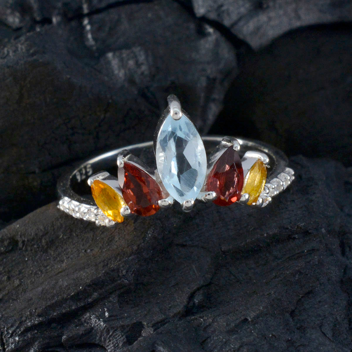 Multi Stone Penta American 92.5 Silver multicolor Gems Elegant  crown Ring Jewellery