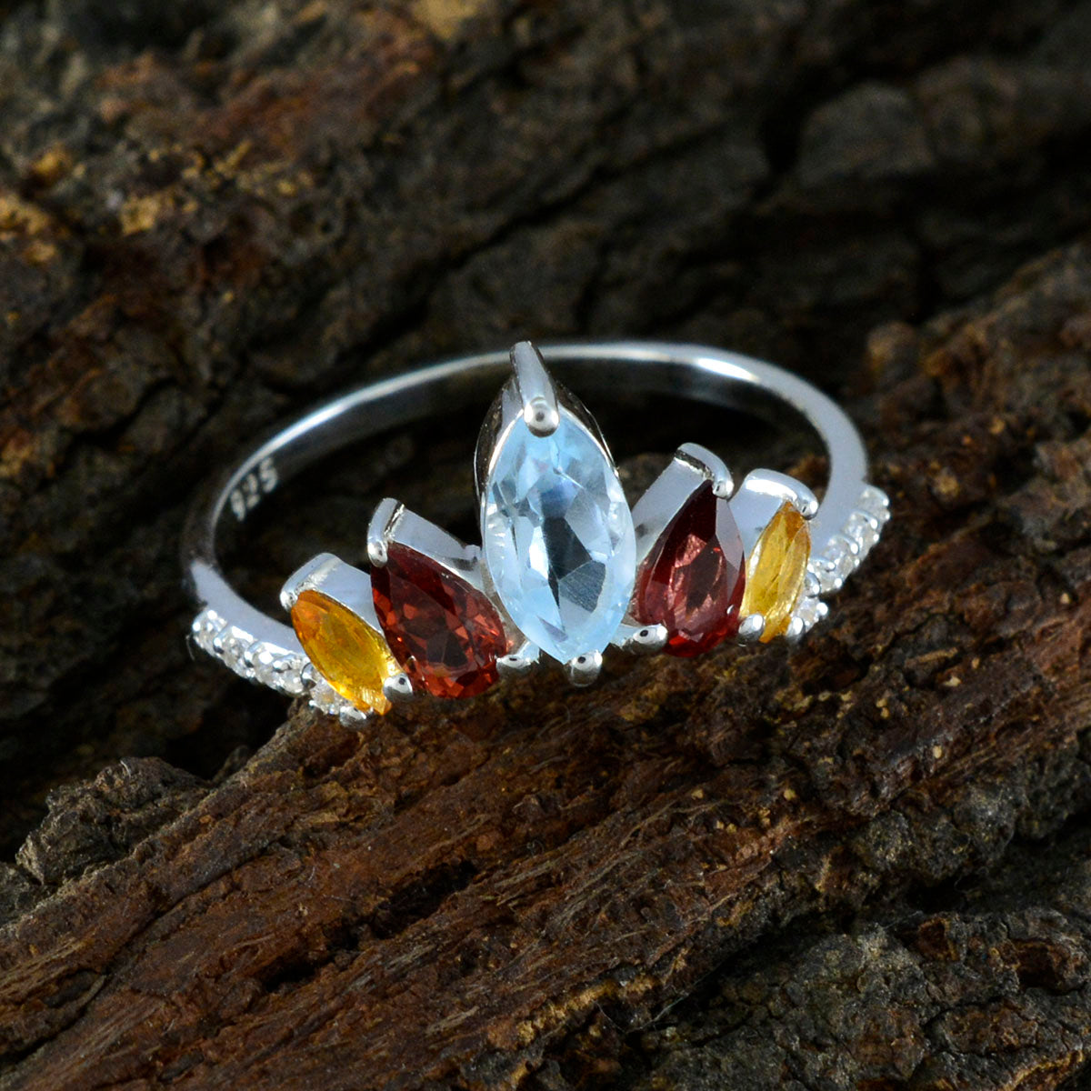 Multi Stone Penta American 92.5 Silver multicolor Gems Elegant  crown Ring Jewellery