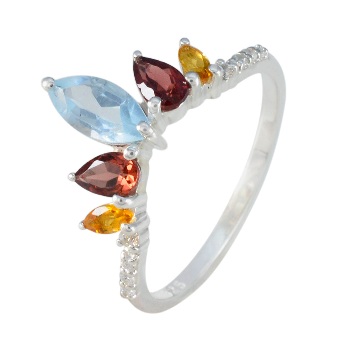 Multi Stone Penta American 92.5 Silver multicolor Gems Elegant  crown Ring Jewellery