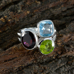 Multi Stone Trilogy German Sterling Silver multicolor Gemstone Eye catching Cocktail Ring Jewelry