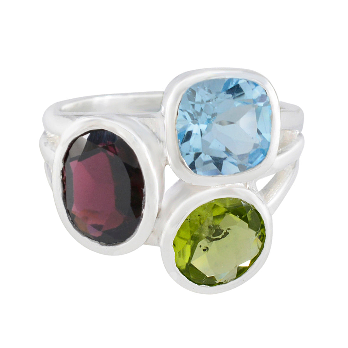Multi Stone Trilogy German Sterling Silver multicolor Gemstone Eye catching Cocktail Ring Jewelry