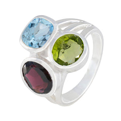 Multi Stone Trilogy German Sterling Silver multicolor Gemstone Eye catching Cocktail Ring Jewelry