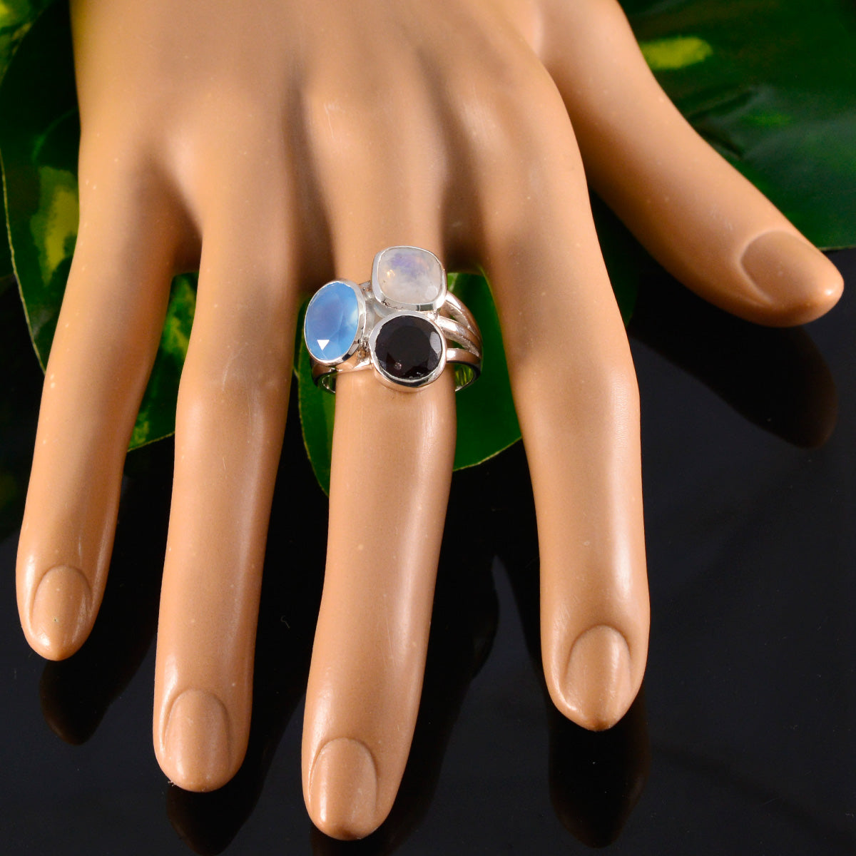 Multi Stone Trilogy Indian 925 Silver multicolor Gemstones Eye catching Cocktail Ring Jewellery