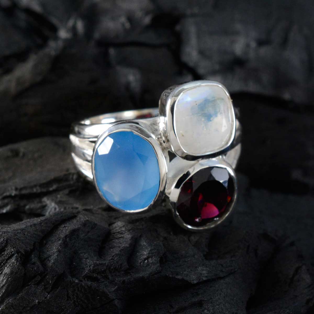 Multi Stone Trilogy Indian 925 Silver multicolor Gemstones Eye catching Cocktail Ring Jewellery