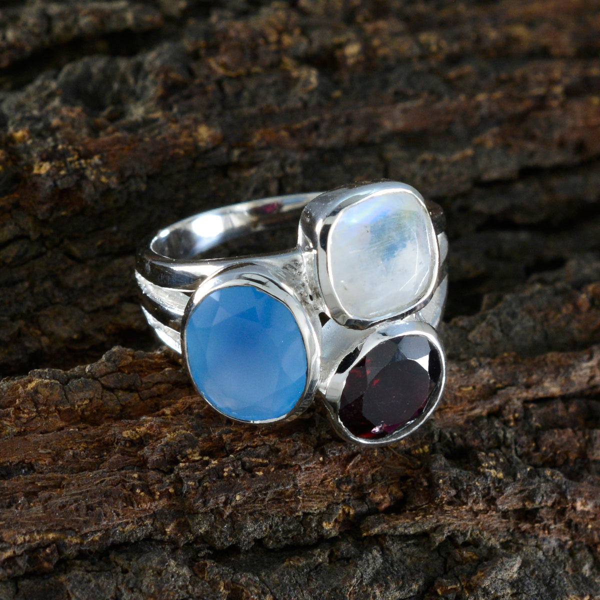 Multi Stone Trilogy Indian 925 Silver multicolor Gemstones Eye catching Cocktail Ring Jewellery