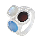 Multi Stone Trilogy Indian 925 Silver multicolor Gemstones Eye catching Cocktail Ring Jewellery