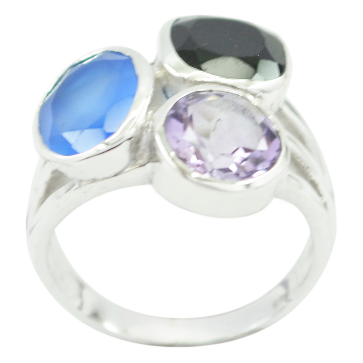 Multi Stone Trilogy French Sterling Silver multicolor Gemstone Mid weight Cocktail Ring Jewelry メイン画像
