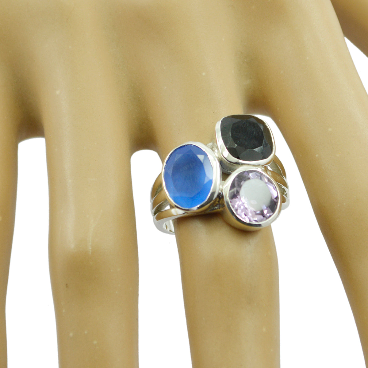 Multi Stone Trilogy French Sterling Silver multicolor Gemstone Mid weight Cocktail Ring Jewelry