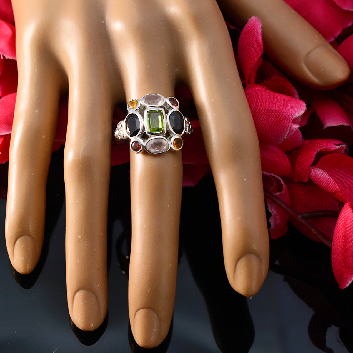 Multi Stone Navratna African Silver multicolor Gemstones Classic Cocktail Ring Jewelry