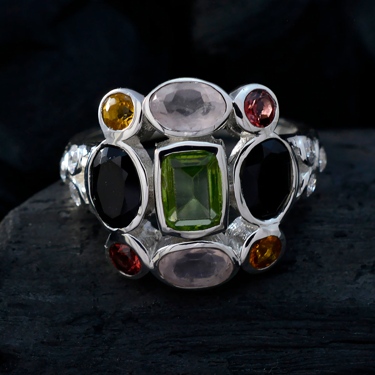 Multi Stone Navratna African Silver multicolor Gemstones Classic Cocktail Ring Jewelry