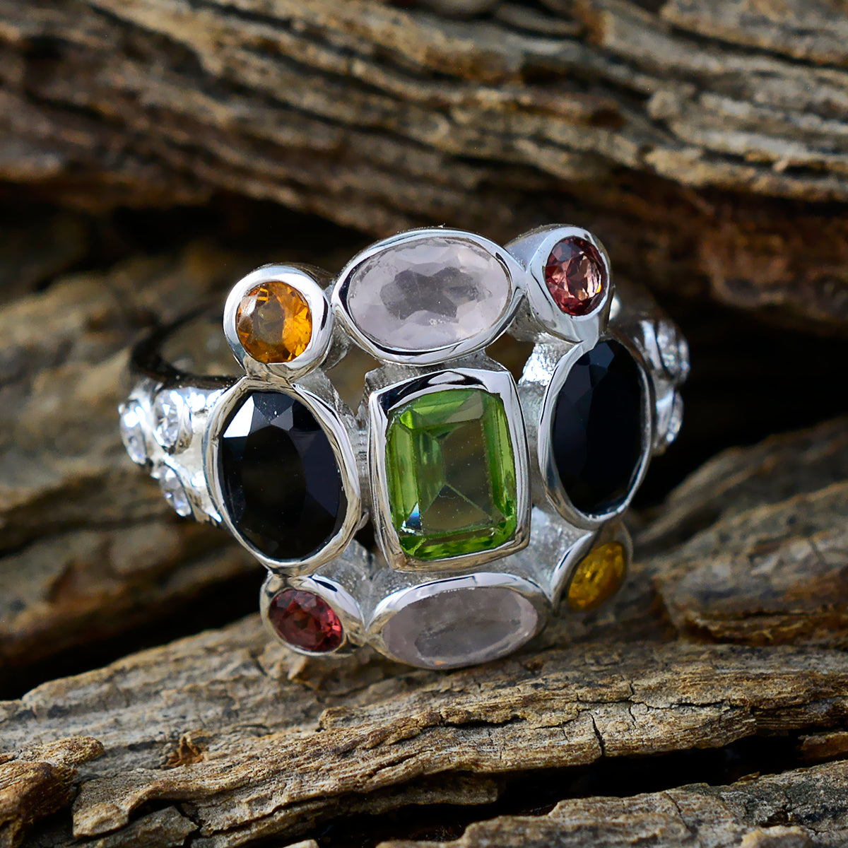 Multi Stone Navratna African Silver multicolor Gemstones Classic Cocktail Ring Jewelry