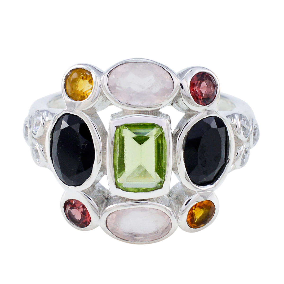 Multi Stone Navratna African Silver multicolor Gemstones Classic Cocktail Ring Jewelry