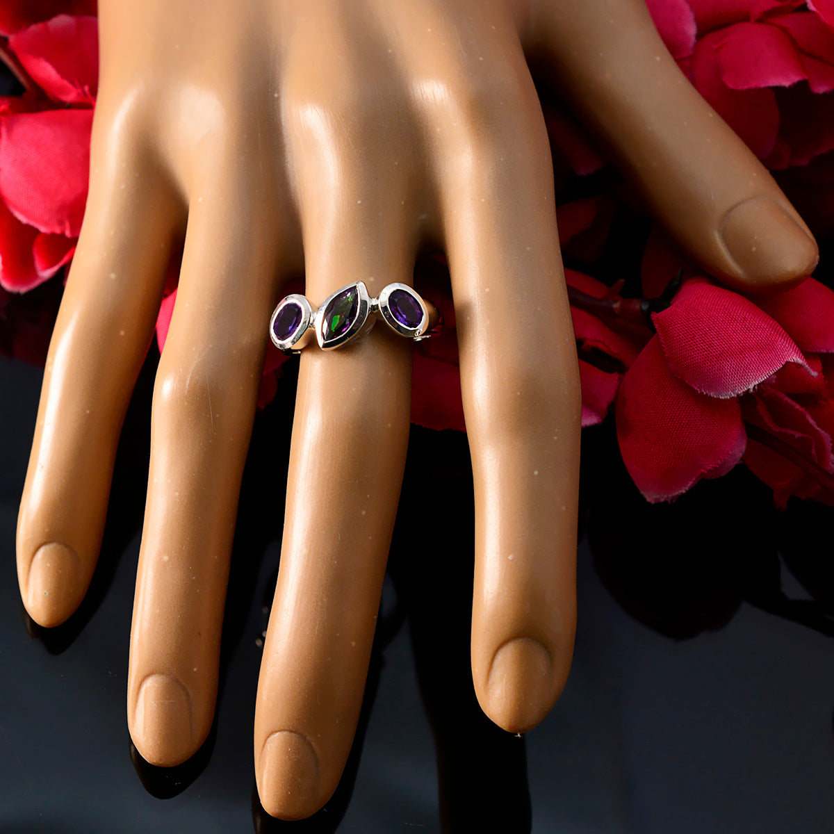 Multi Stone Trilogy Moroccan Sterling Silver multicolor Gemstones Minimal Artisan Ring Jewellery