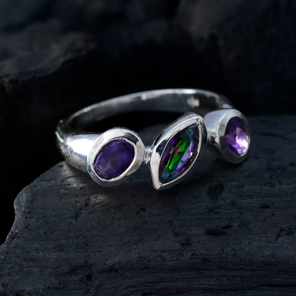 Multi Stone Trilogy Moroccan Sterling Silver multicolor Gemstones Minimal Artisan Ring Jewellery