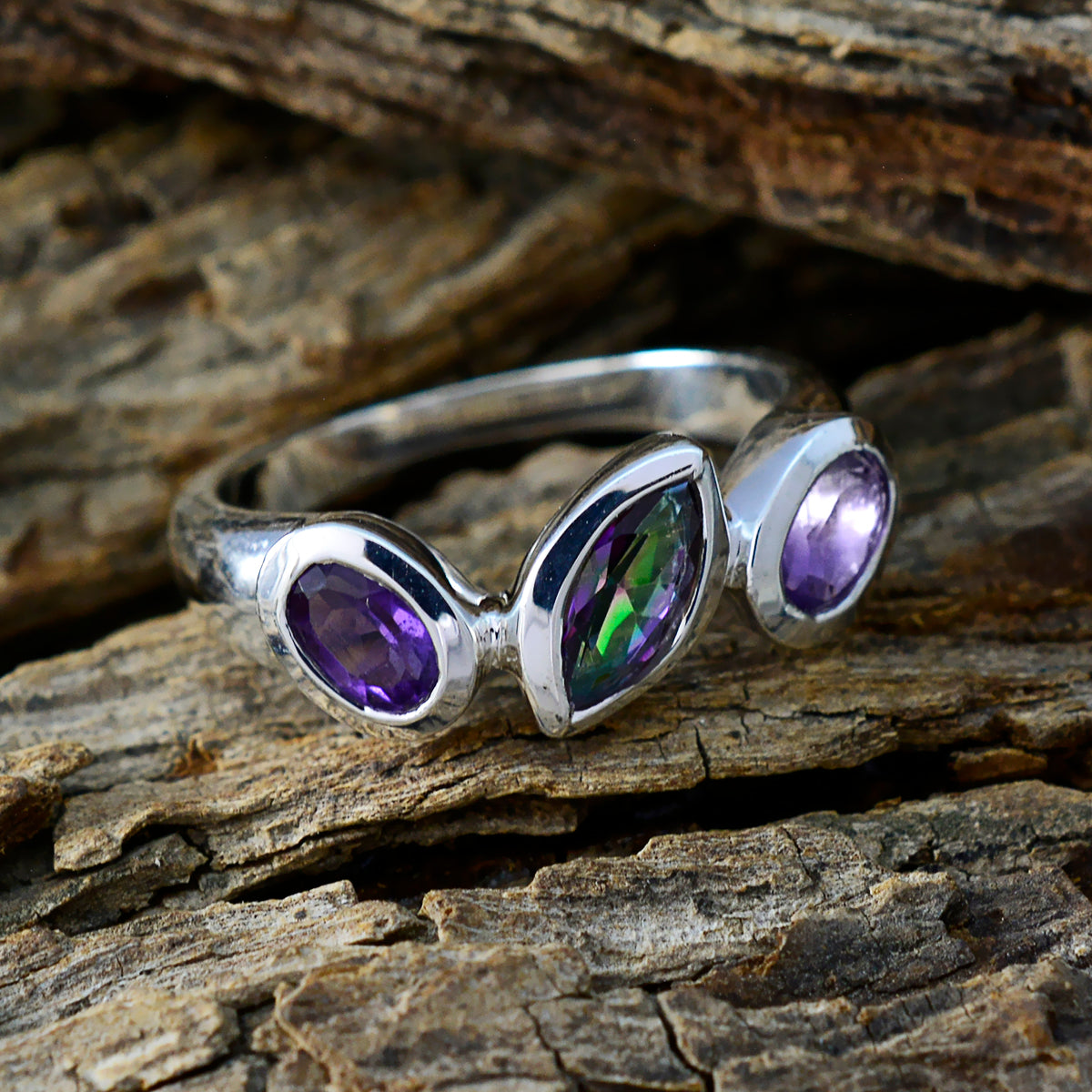 Multi Stone Trilogy Moroccan Sterling Silver multicolor Gemstones Minimal Artisan Ring Jewellery