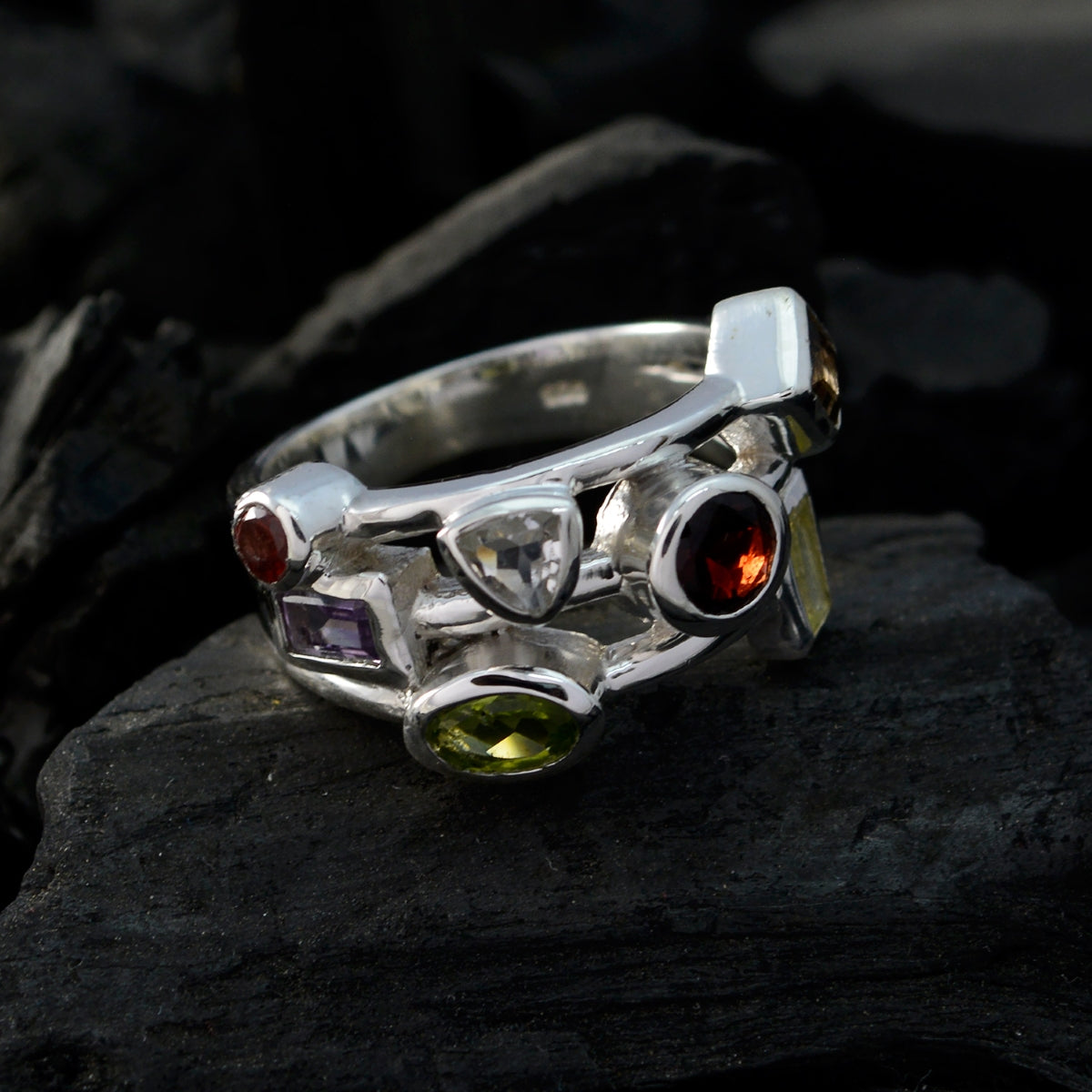 Multi Stone multiple Egyptian Sterling Silver multicolor Gems Versatile Cocktail Ring Jewelry