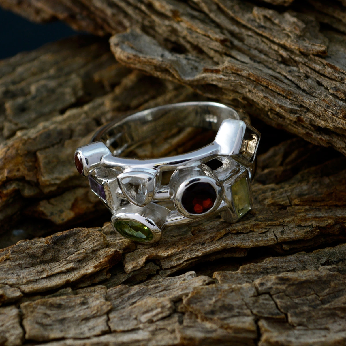 Multi Stone multiple Egyptian Sterling Silver multicolor Gems Versatile Cocktail Ring Jewelry