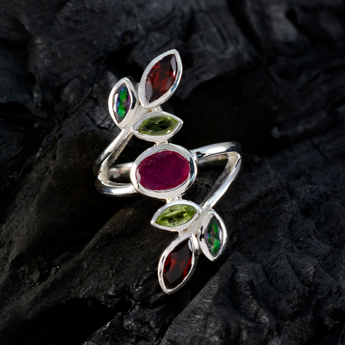 Multi Stone Hepta German 92.5 Silver multicolor Gems Mid weight Cocktail Ring Jewellery