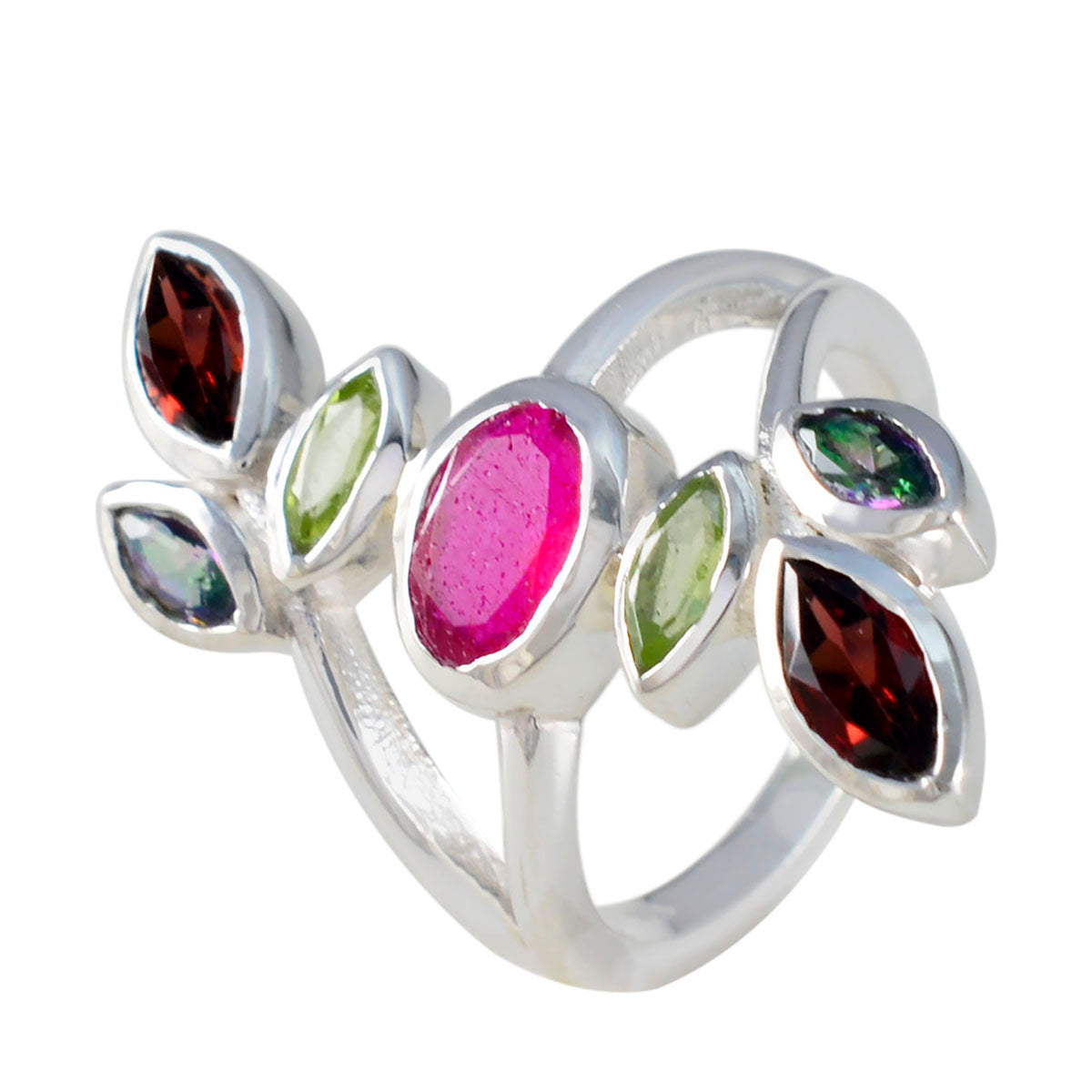 Multi Stone Hepta German 92.5 Silver multicolor Gems Mid weight Cocktail Ring Jewellery