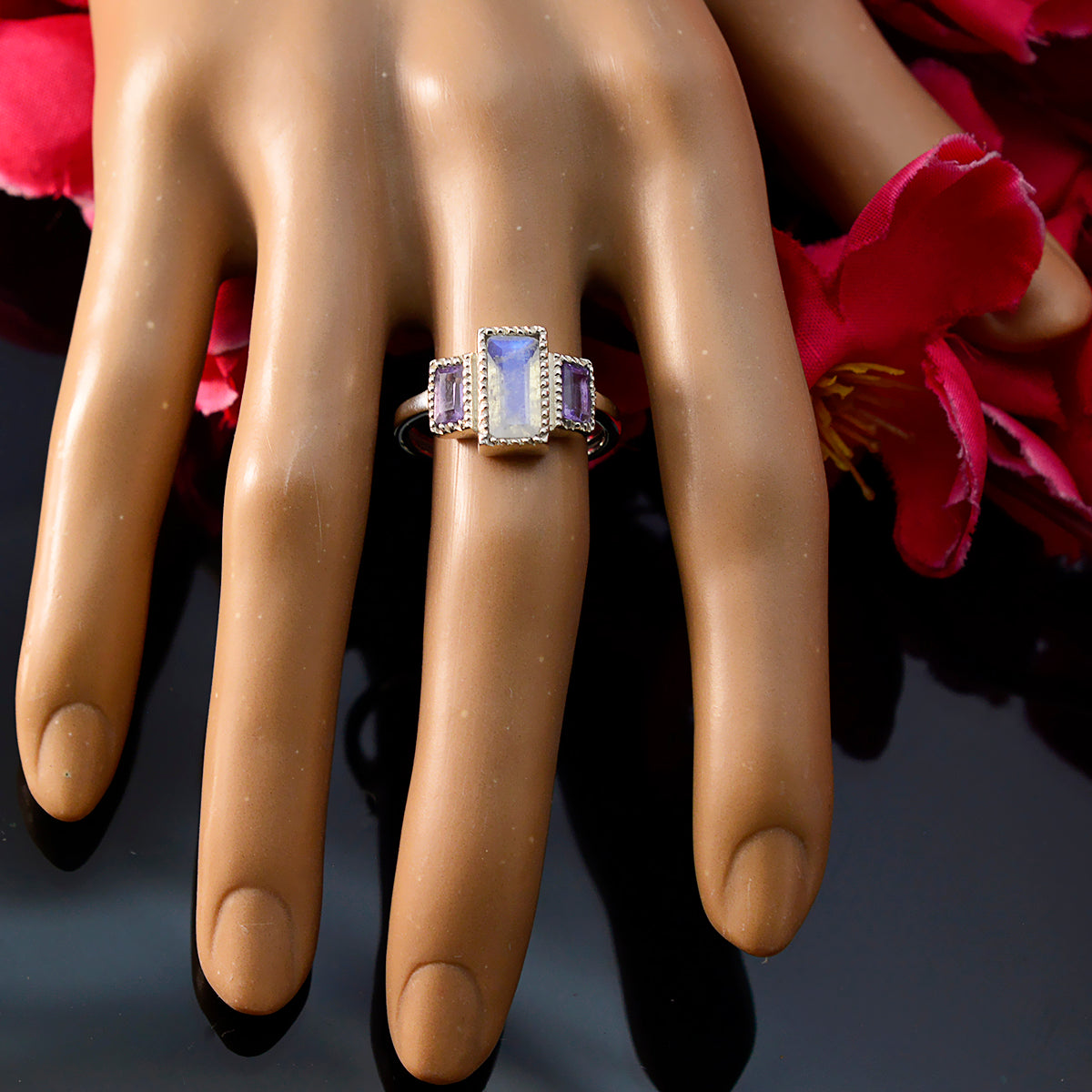 Multi Stone Trilogy Indian 925 Silver multicolor Gemstones Featherlight Sophisticated Ring Jewelry