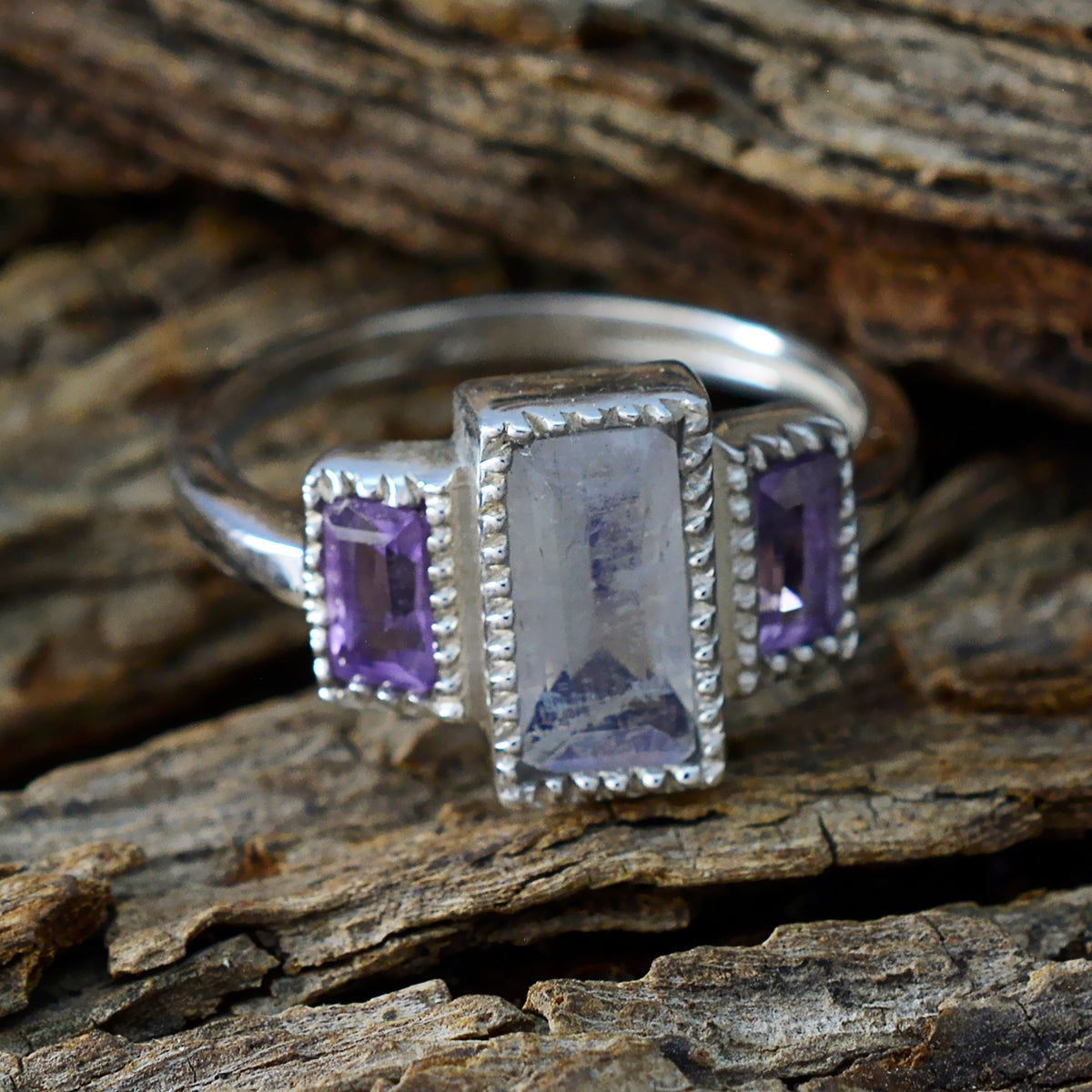 Multi Stone Trilogy Indian 925 Silver multicolor Gemstones Featherlight Sophisticated Ring Jewelry