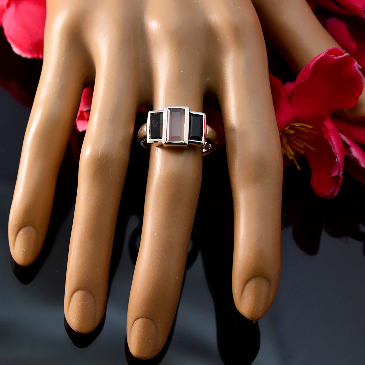 Multi Stone Trilogy Indian Sterling Silver multicolor Gemstone Minimal Contemporary Ring Jewelry