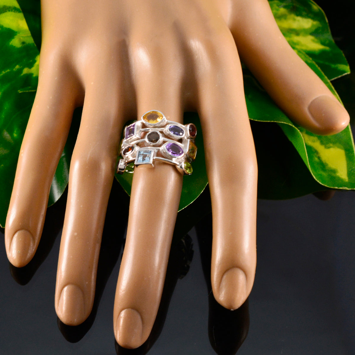 Multi Stone multiple African 925 Silver multicolor Gemstones Eye catching Cocktail Ring Jewelry