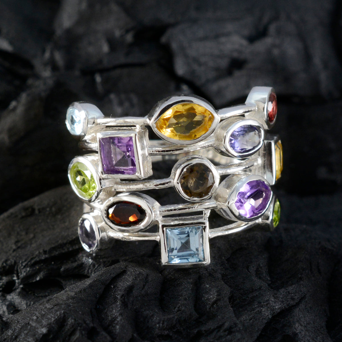 Multi Stone multiple African 925 Silver multicolor Gemstones Eye catching Cocktail Ring Jewelry