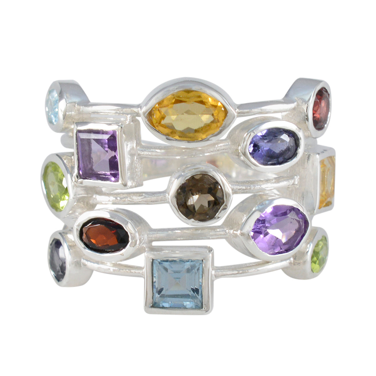 Multi Stone multiple African 925 Silver multicolor Gemstones Eye catching Cocktail Ring Jewelry Hoofdafbeelding