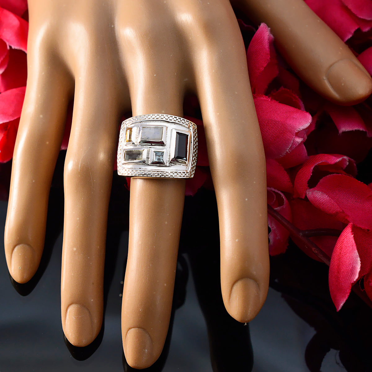 Multi Stone penta Russian 925 Silver multicolor Gemstones Versatile Cocktail Ring Jewellery