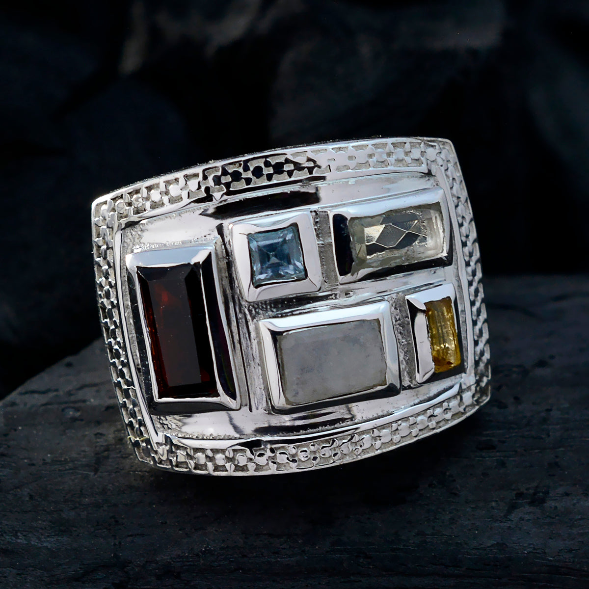 Multi Stone penta Russian 925 Silver multicolor Gemstones Versatile Cocktail Ring Jewellery