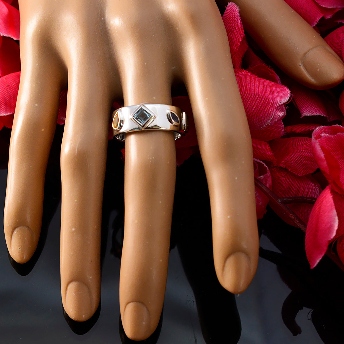 Multi Stone quarter French Sterling Silver multicolor Gems Minimal Abstract Band Jewelry