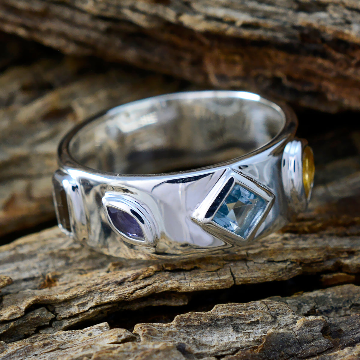 Multi Stone quarter French Sterling Silver multicolor Gems Minimal Abstract Band Jewelry