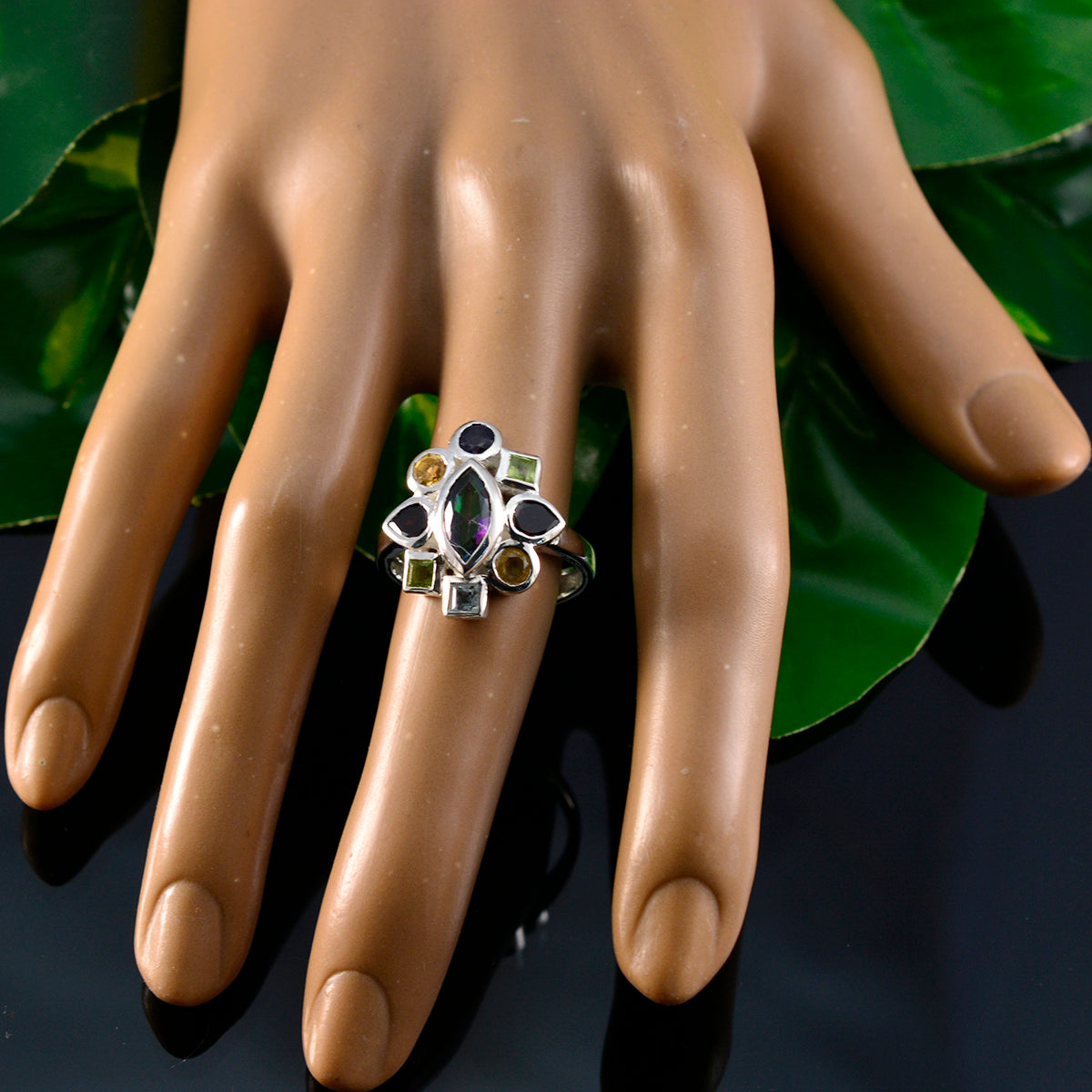 Multi Stone Navratna Deutsch Sterling Silber Multicolor Edelstein Auffälliger Cocktail Ring Schmuck