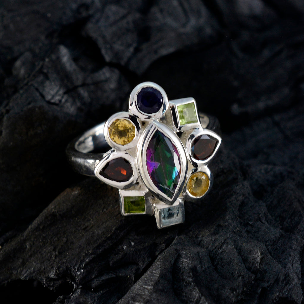 Multi Stone navratna German Sterling Silver multicolor Gemstone Eye catching Cocktail Ring Jewelry