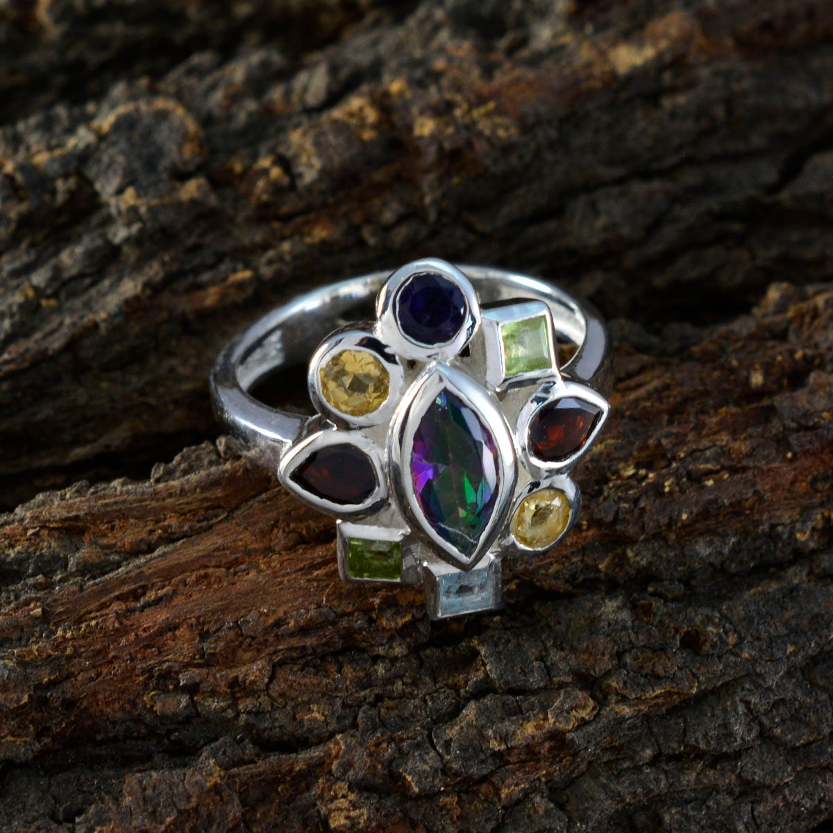 Multi Stone Navratna Deutsch Sterling Silber Multicolor Edelstein Auffälliger Cocktail Ring Schmuck