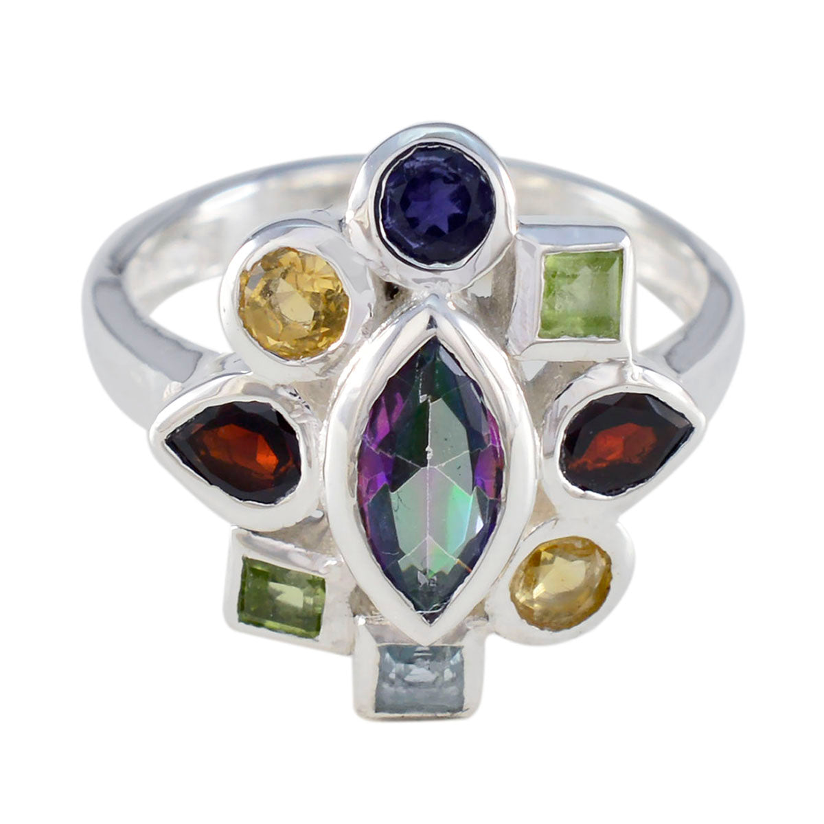 Multi Stone navratna German Sterling Silver multicolor Gemstone Eye catching Cocktail Ring Jewelry
