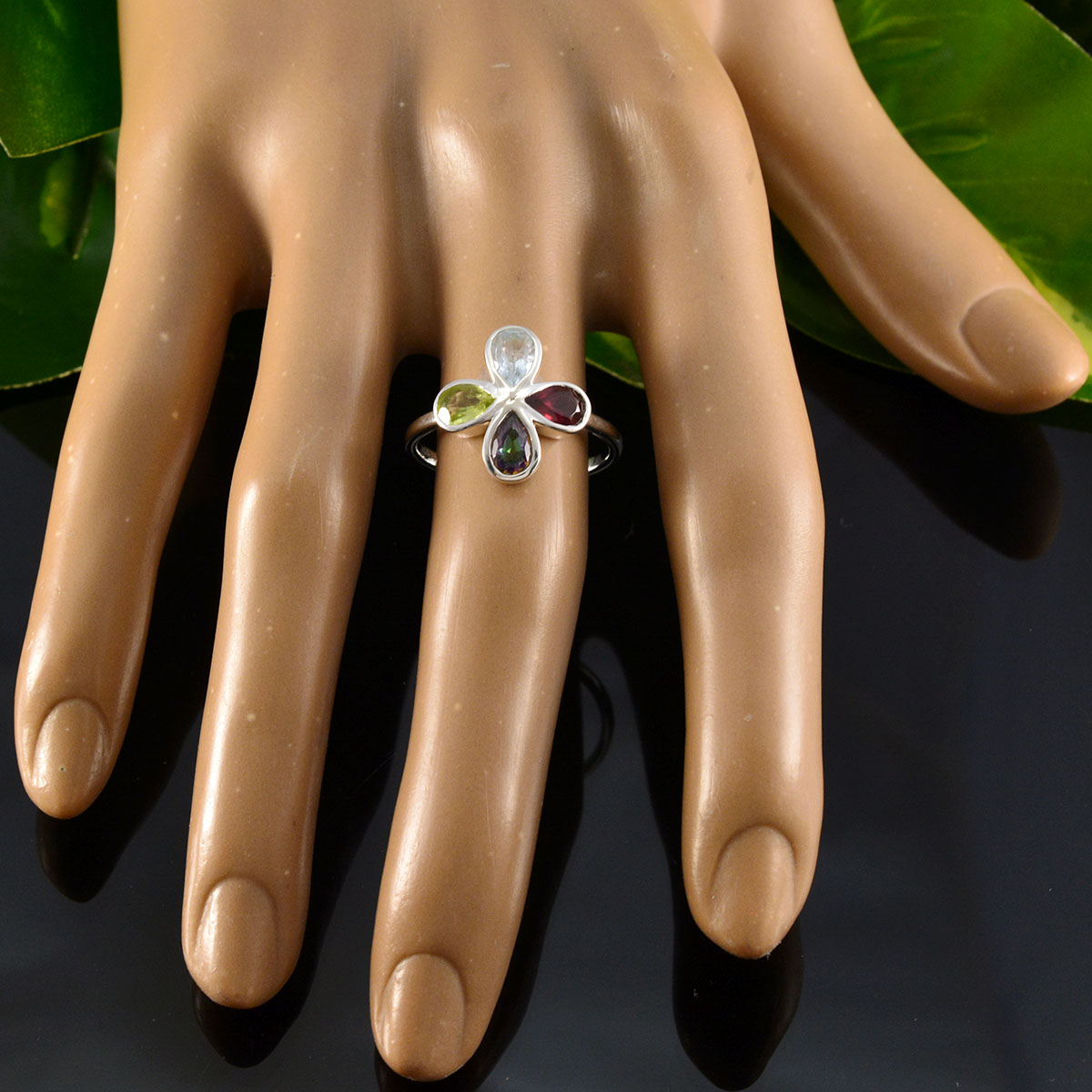 Multi Stone quarter American Sterling Silver multicolor Gems Dainty Floral Ring Jewelry