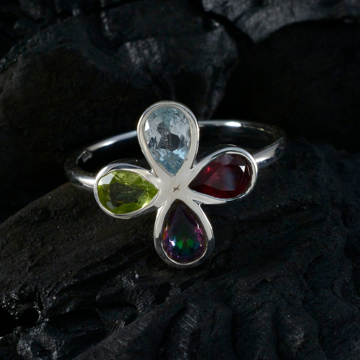 Multi Stone quarter American Sterling Silver multicolor Gems Dainty Floral Ring Jewelry