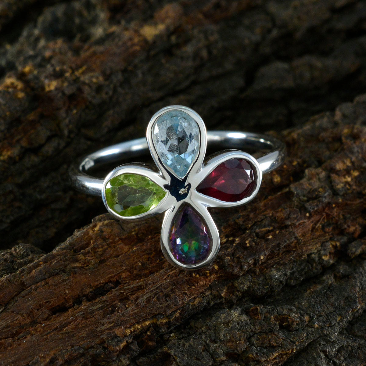 Multi Stone quarter American Sterling Silver multicolor Gems Dainty Floral Ring Jewelry