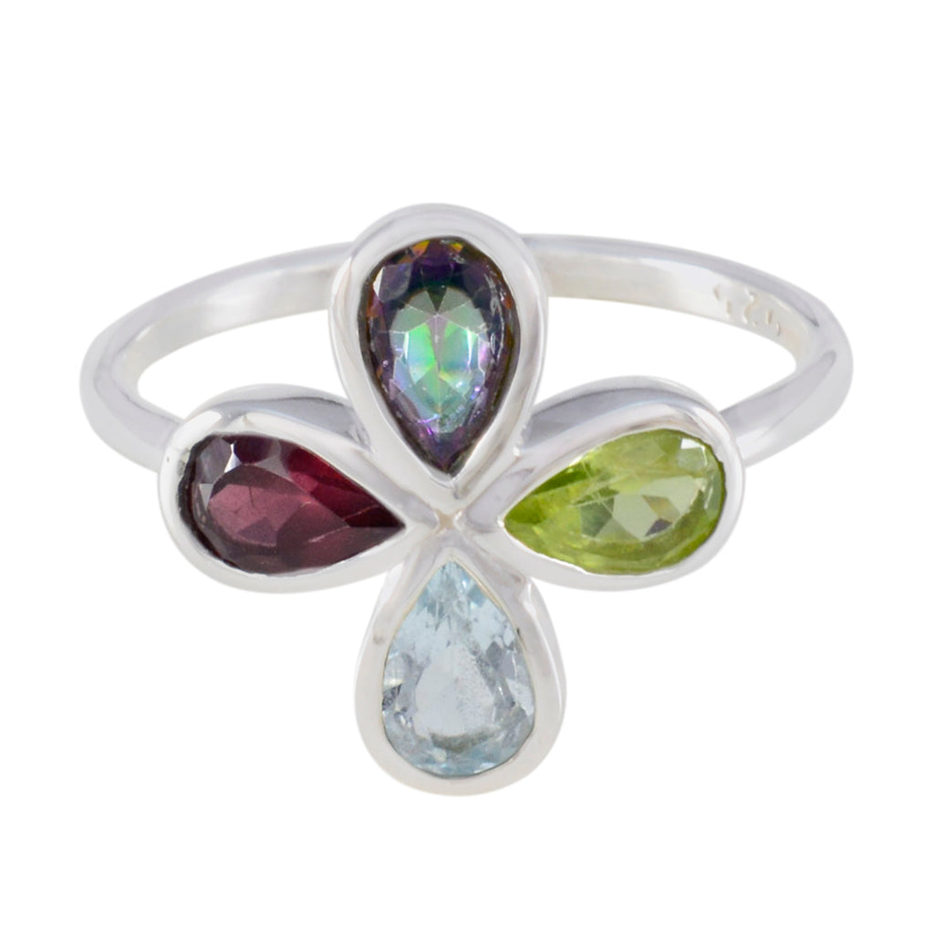 Multi Stone quarter American Sterling Silver multicolor Gems Dainty Floral Ring Jewelry