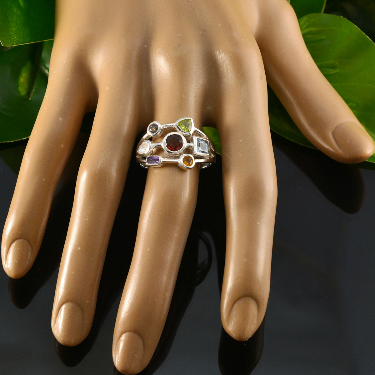 Multi Stone Hepta Russian Sterling Silver multicolor Gemstone Featherlight Cocktail Ring Jewellery