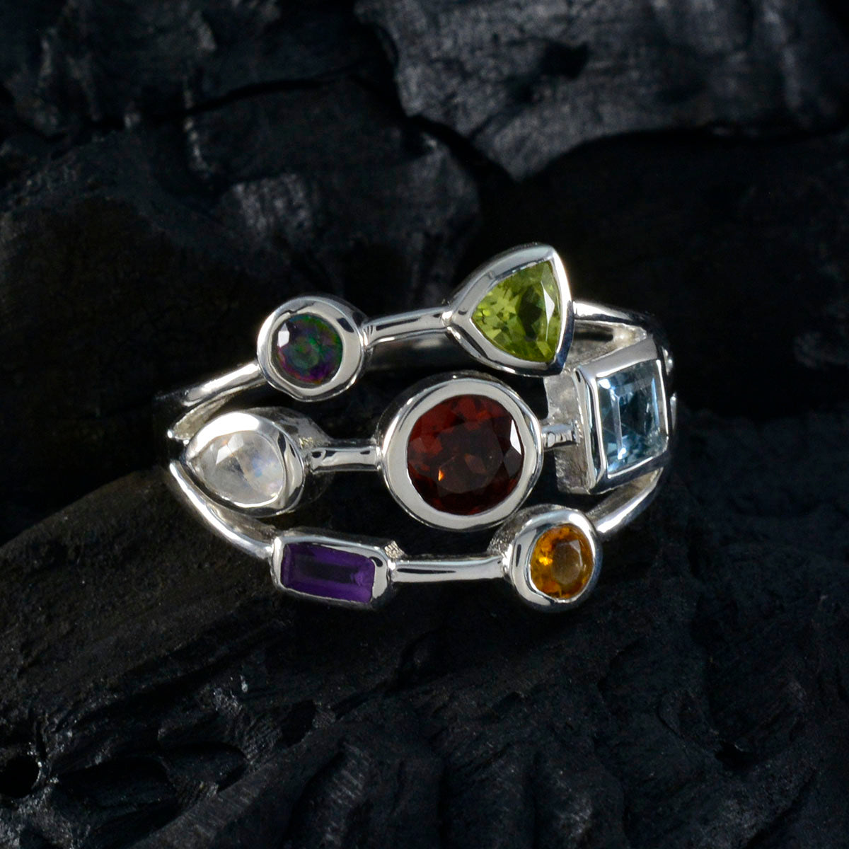 Multi Stone Hepta Russian Sterling Silver multicolor Gemstone Featherlight Cocktail Ring Jewellery